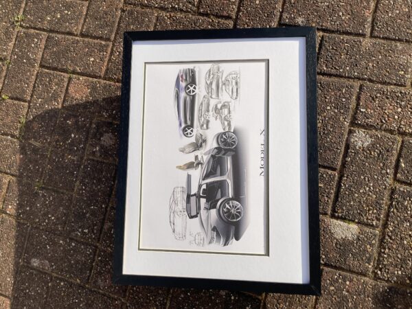 Framed Tesla Model X concept art print featuring original design sketches and a full-color rendering by Franz von Holzhausen.
